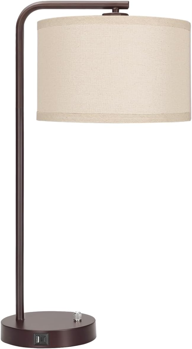 Tall Table Lamp with USB C+A Ports, Fully Stepless Dimmable Modern Minimalist Bedside Nightstand Lamp, Reading Desk Lamp for Bedroom, Living Room, Study Room, Office, 9W 3000K LED Bulb Included