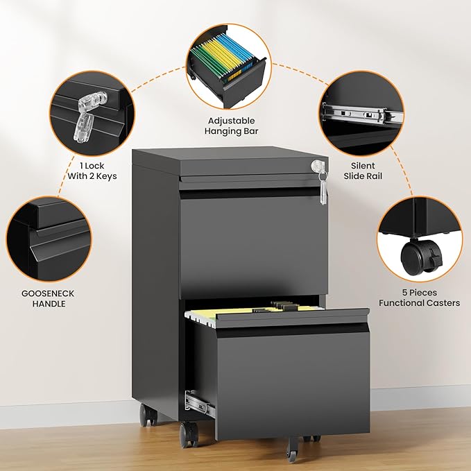2 Drawer File Cabinet with Lock, Rolling File Cabinets