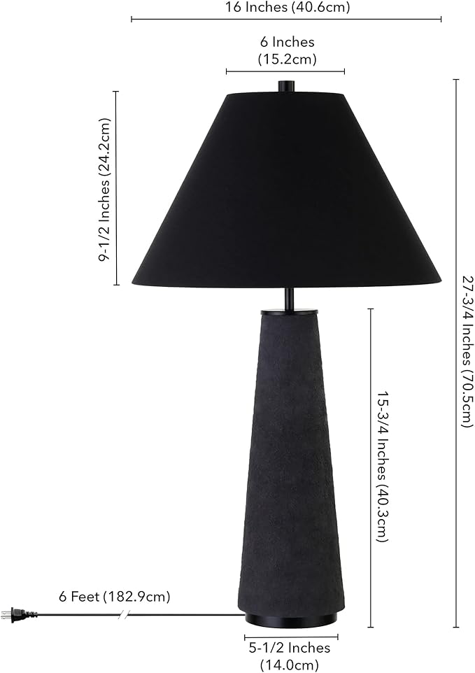 Henn&Hart 27.5'' Transitional 1-Light Table Lamp with Tapered Ceramic Base and White Fabric Cone Shade for Living Room, Bedroom, or Office, Matte Black