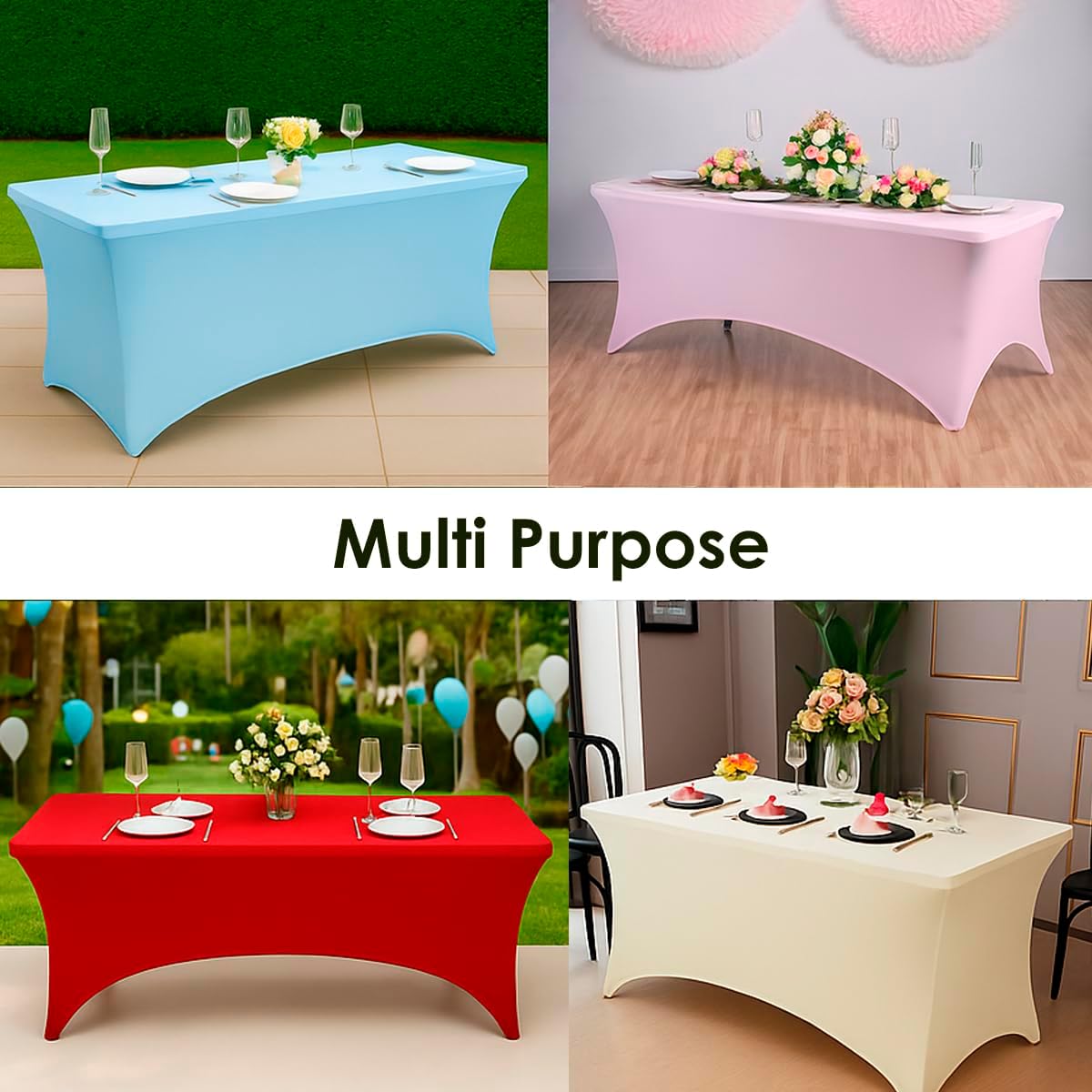 Craft And Party 2 Pack 8ft Ivory Spandex Tablecloth – Fitted Stretch Cover – Universal Fit for Folding Tables – Wrinkle-Free, Washable – Ideal for Parties, Weddings, Events