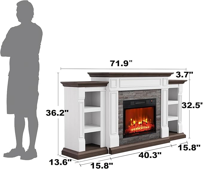 72" Electric Fireplace with Mantel and Cabinets, Fireplace TV Stand