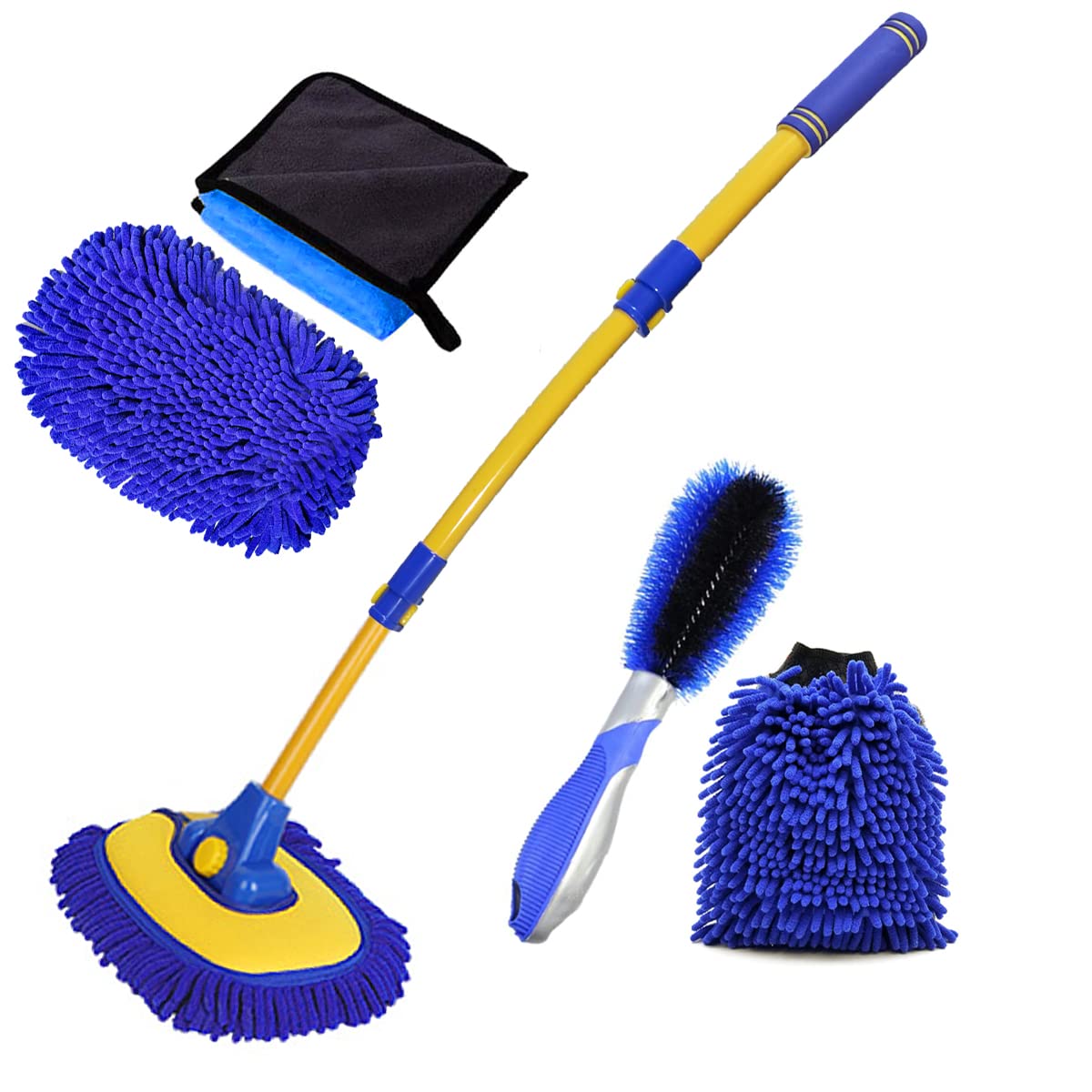 BMLEI Car Wash Brush With Long Handle, Chenille Microfiber Mop Mitt, 1 Replacement Head, Wheel Brush Extension Pole, Cleaning Ki