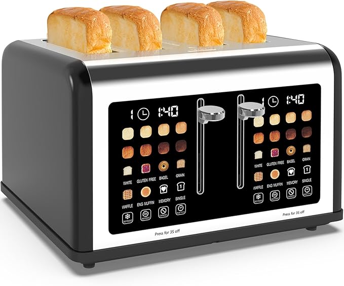4 Slice Toaster Touch Screen, Stainless Steel Toasters Digital Timer, Dual