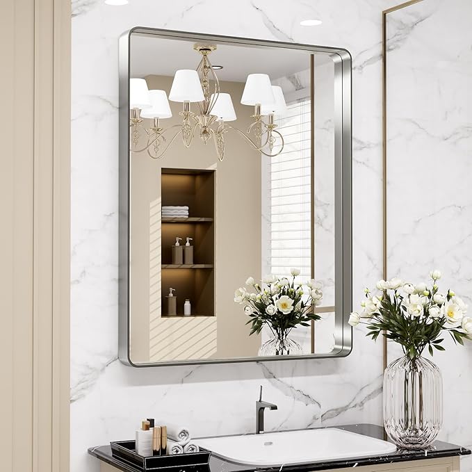 LOAAO 30X36 Inch Brushed Nickel Bathroom Mirror, Rounded Rectangle Silver Metal