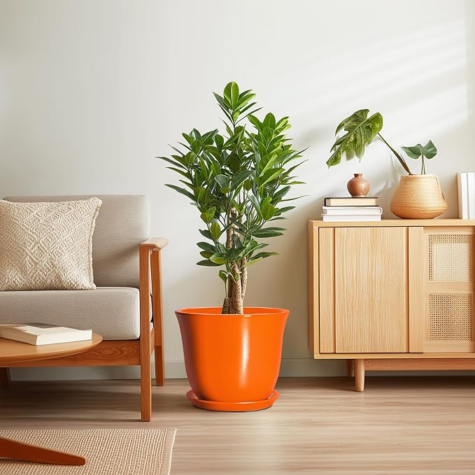 12 Inch Pots for Plants - Ceramic Planters Indoor with Drainage Hole and Saucer, Large Round Planter for Outdoor Plants, Decorative Flower Pot, Garden Decor, Plant Lover Gifts, Orange