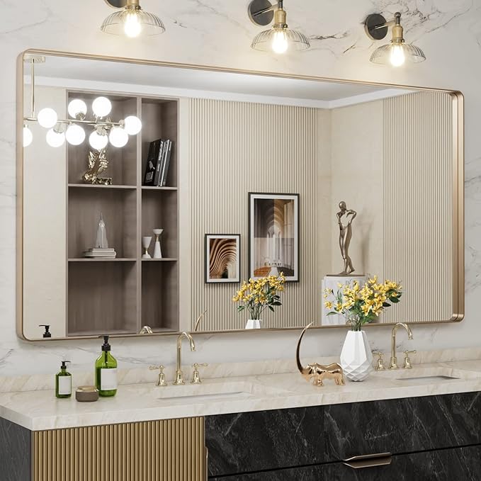LOAAO 72”X36” Gold Bathroom Mirror, Rounded Rectangle Gold Frame Mirror