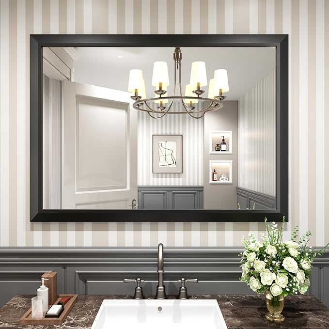Amorho Black Bathroom Mirror, 48x35 Inch Thick Metal Framed Wall Mirrors