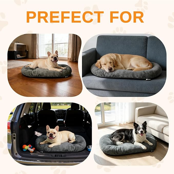 Washable Oval X-Large Dog Bed, Silver-Tipped High-Resilience, Dark Gray | Non-Slip Bottom Prevents Sliding, Soft Plush Short Fur, Machine Washable, Ideal for Crates/Apartments/Cozy Nooks,41"x27"x3.6"