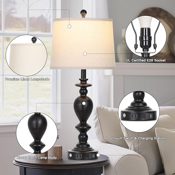 28" Black Farmhouse Table Lamps Set of 2 with USB C+A Ports & AC Outlet for Vintage Living Room Rustic Bedroom,3-Way Dimmable Touch Lamp Retro Resin Bedside Lamps for Nightstand Side Table