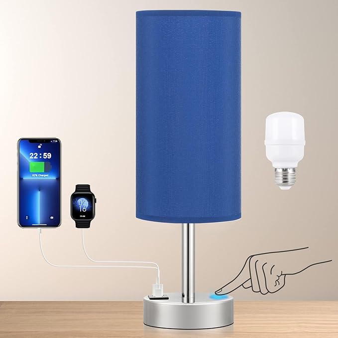 Navy Blue Touch Lamp for Boys - Small Nightstand Lamp with USB-C and USB Charging Ports, 3 Way Dimmable Bedside Table Lamp with Fabric Shade Silver Base for Nursery, Dorm, Office, Reading