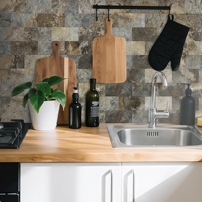 AULIGET 100-Piece Beige & Brown Slate Peel and Stick Backsplash Wall Tiles