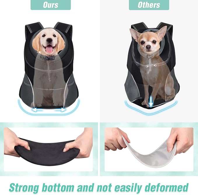 YUDODO Dog Front Carrier Backpack, Adjustable Breathable Dog Backpack | Ventilated, Safety Belt, Lightweight, Reflective Strip, Pocket Storage, For Walking Hiking Outdoor, Black, L