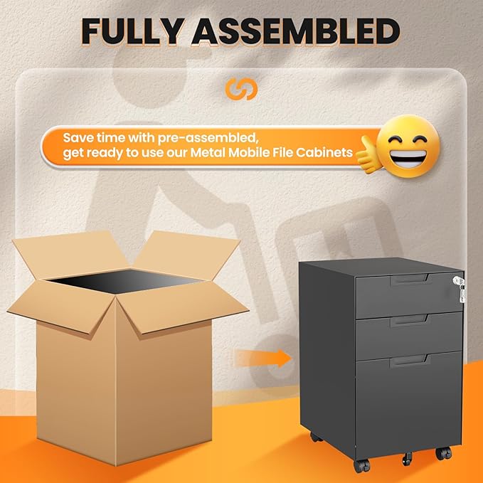 3 Drawer File Cabinet with Lock, Fully Assembled Metal Mobile Filing Cabinets