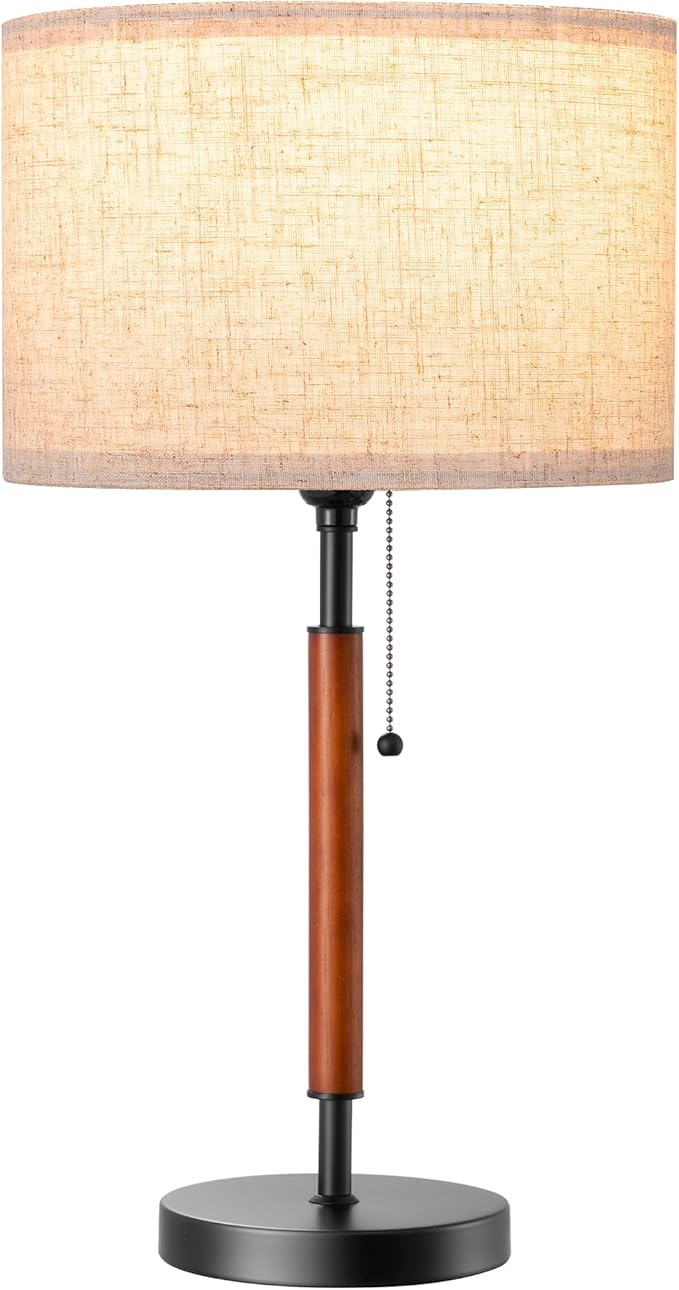 EDISHINE Mid Century Table Lamp, Pull Chain Switch Bedside Lamp with Linen Shade, Solid Wood Pole & Black Metal Base, Modern Nightstand Lamp for Bedroom, Living Room, Office, E26 Base
