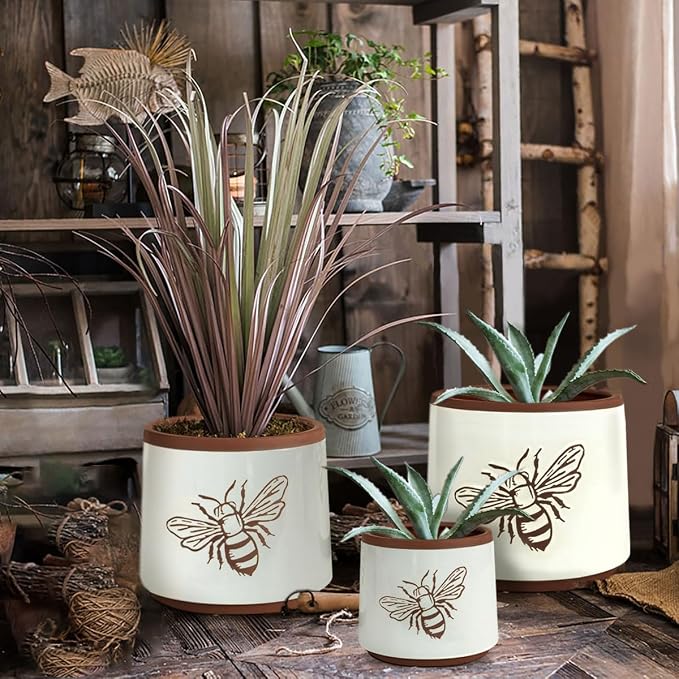 YBX Terracotta Pots Inch with Drainage Holes, Bee Decor, Ceramic Pots for Indoor Plants Flower Pots Outdoor, Succulent, Herbs, Snake Plants (White, 8+6+4 Inch)