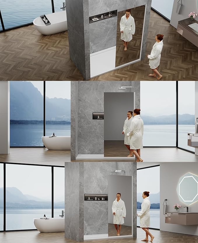 36"x76" Fixed Glass Shower Door, Single Mirror Privacy 3/8" Thick Tempered Glass