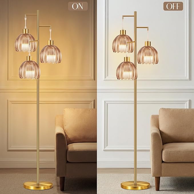 COTTHOS Floor Lamp for Living Room, Modern Standing Lamp Brass Glass Green Tree 3 Light Tall Floor Lamps for Bedroom & 800 Lumens LED Bulbs, Vintage Flower Lamp Shade Farmhouse Boho Bohemian Gold