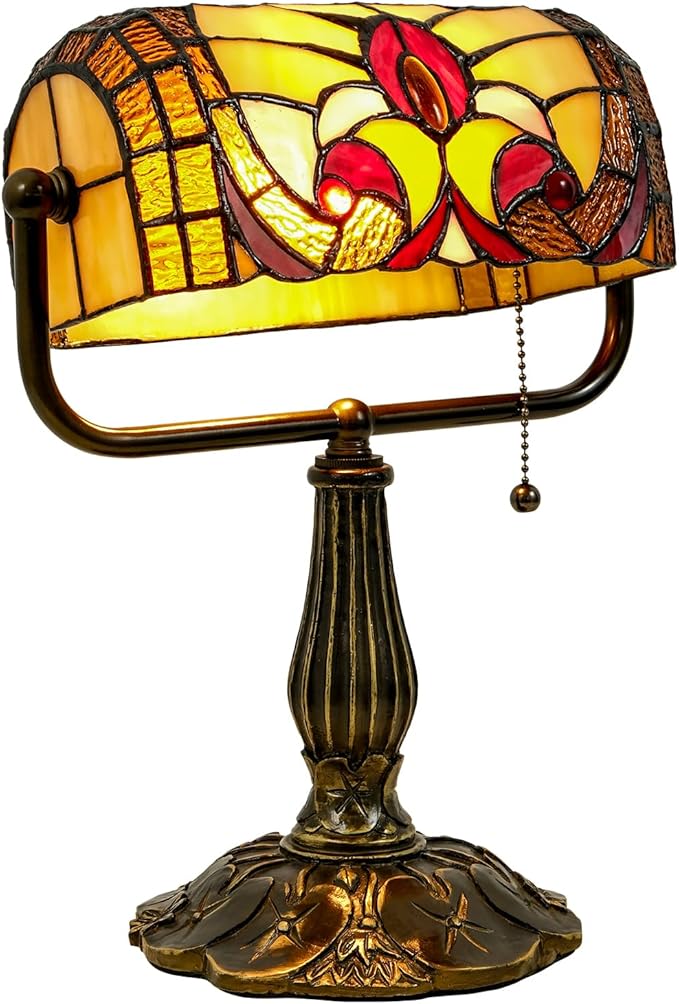 Tiffany Style Bankers Lamp - Stained Glass Desk Lamps with Baroque Design & Pull Chain, Vintage Table Lamp Bankers Desk Light for Office Bedroom Nightstand Living Room LED Bulb Included