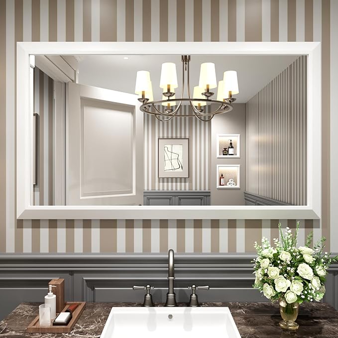 Amorho Bathroom Mirror, 55x32 Inch White Thick Metal Framed Wall Mirrors