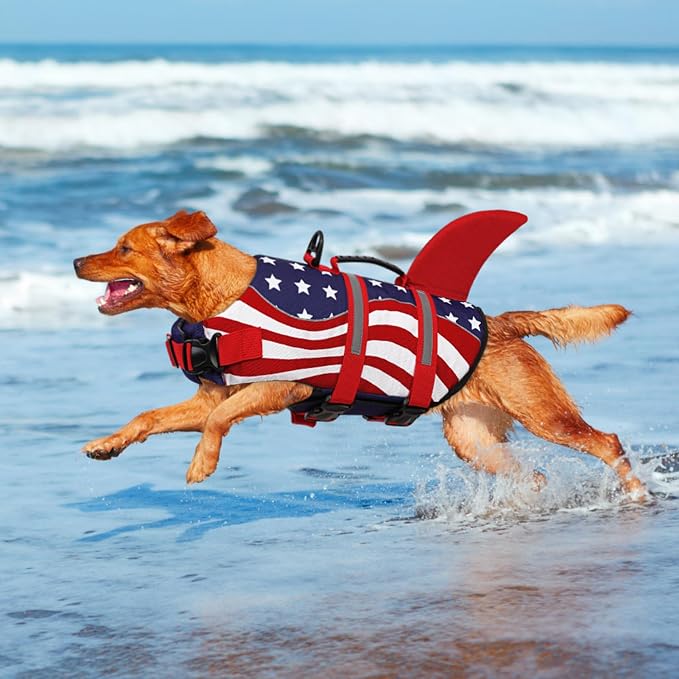 Shark Dog Life Vest for Swimming, Pet Life Vests for Boating, High Buoyant DogLife Jacket, Ripstop High Flotation Swimsui for Small, Medium, Large Dogs (USA Flag,XXL)