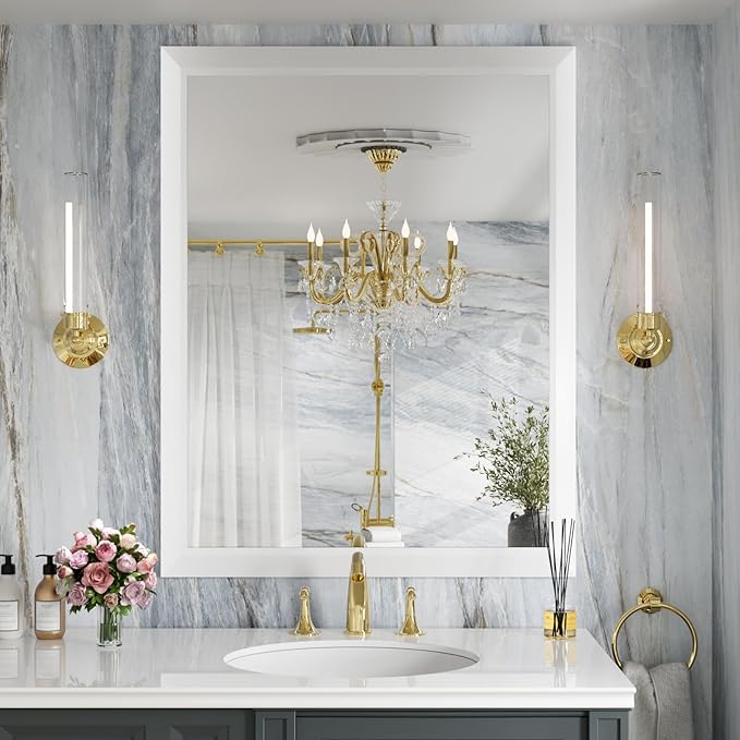 Amorho Bathroom Mirror, 28x36 Inch White Thick Metal Framed Wall Mirrors