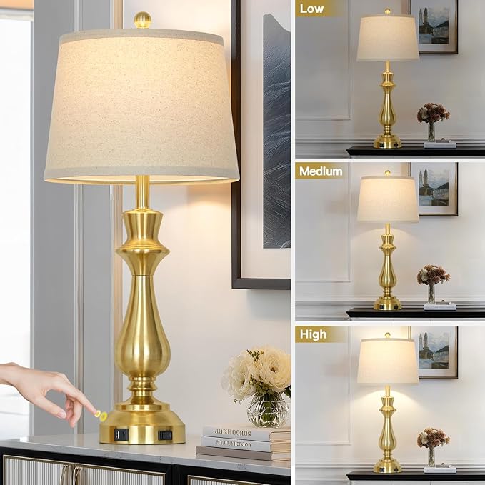 Modern Gold Table Lamps Set of 2 for Living Room,30" Tall Bedside Lamp with USB Charging Port,3-Way Dimmable Touch Nightstand Lamp for Bedroom Desk Side Table Office,Gold
