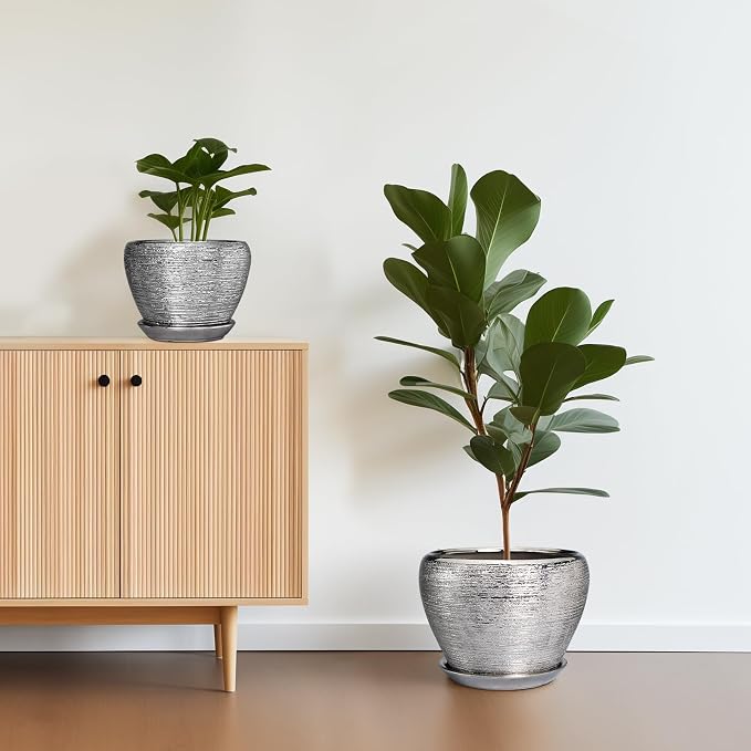 Ceramic Planters - 10 Inch 8 Inch 6 Inch Plant Pots Indoor with Drainage Holes and Saucer Mid-Century Large Planters Outdoor Flower Pots for Home Decor Set of 3 Silver
