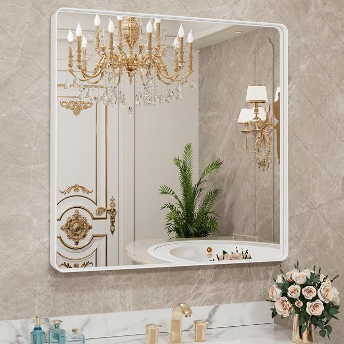LOAAO 38x38 Inch White Metal Framed Bathroom Mirror