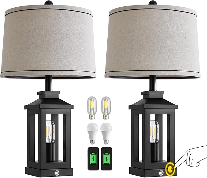 23.75" Retro Farmhouse Black Table Lamp for Living Room Bedroom Nightstand Set of 2 Touch Control Bedside Nightlight Vintage Modern Lamp with USB C+A Ports and 2 Light Sources