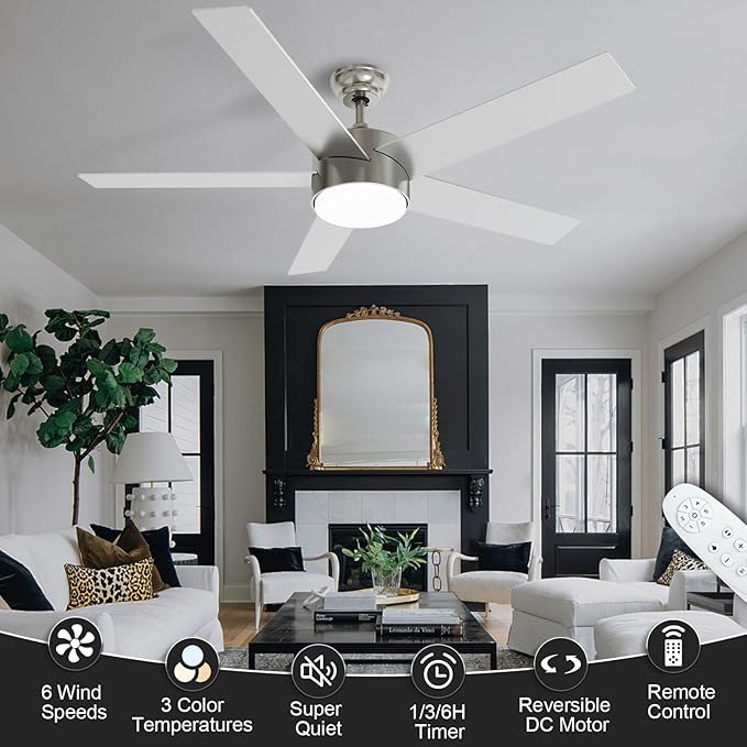 POCHFAN 52 Inch Brushed Nickel Ceiling Fans