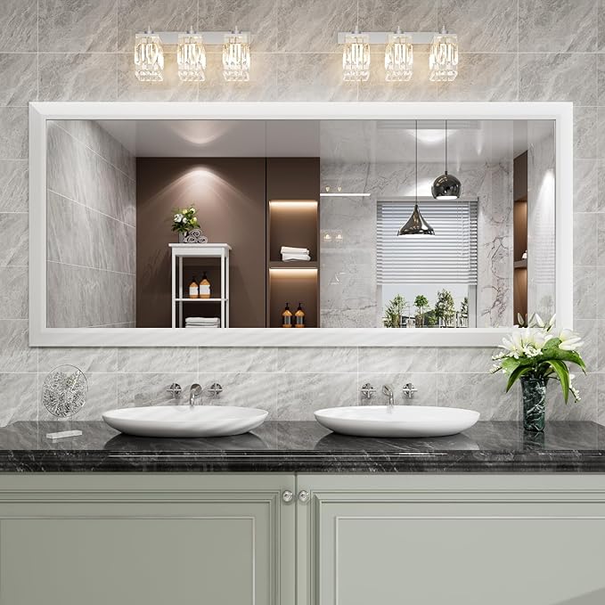 Amorho Bathroom Mirror, 72 X32 Inch White Thick Metal Framed Wall Mirrors