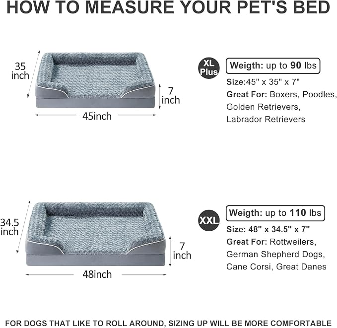 WNPETHOME Orthopedic Washable XXL Dog Bed for Senior Dog Cozy Sleep | Extra Large Waterproof Big Soft Dog Couch Sofa Bed for Dogs Relax with Removable Cover Supportive Pet Bed Grey 48x35 Inch