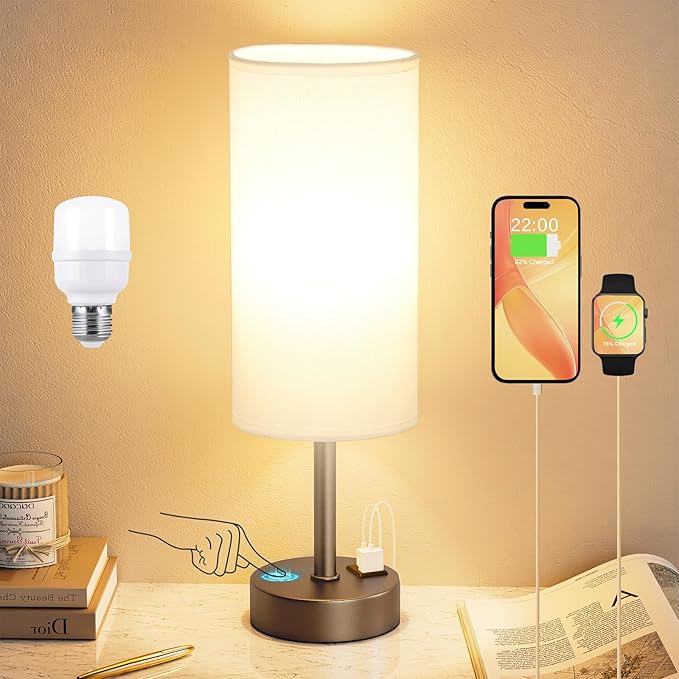 Bedside Touch Table Lamps for Bedroom Nightstand with USB-C USB-A Charging Ports, White & Brown 3 Way Dimmable Small Desk Lamp for Office, Living Room, Reading, Dorm