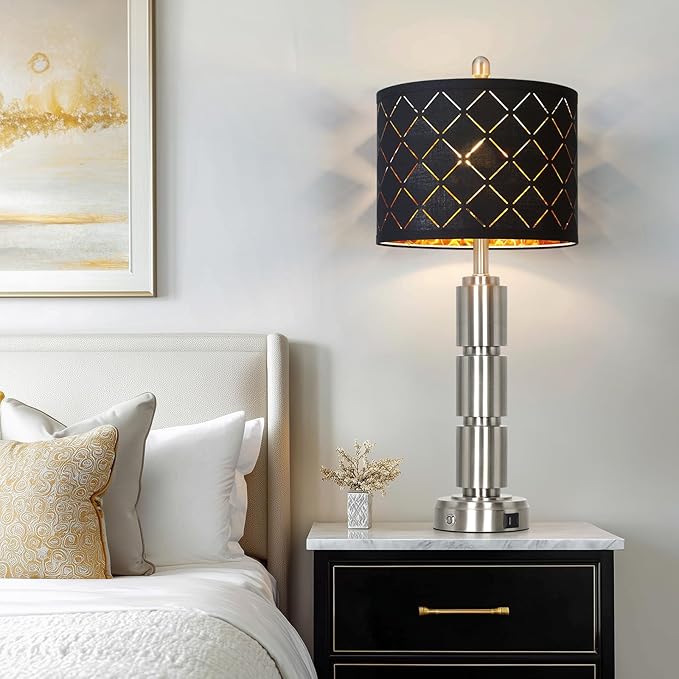 Set of 2 Modern Table Lamps for Living Room Bedroom,29" Tall Bedside Lamp with 2 USB Port,Silver Metal Touch Nightstand Lamp for Desk End Side Table Entryway,Silver