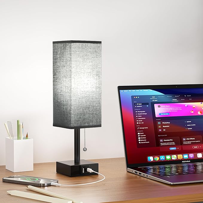 Black Small Table Lamp for Bedroom - 3 Color Temperature 3000K 5000K 4000K Bedside Lamp, Pull Chain Control, USB A and C Charging Ports, Black Base, for Kids Office Dorm Nightstand, Bulb Included