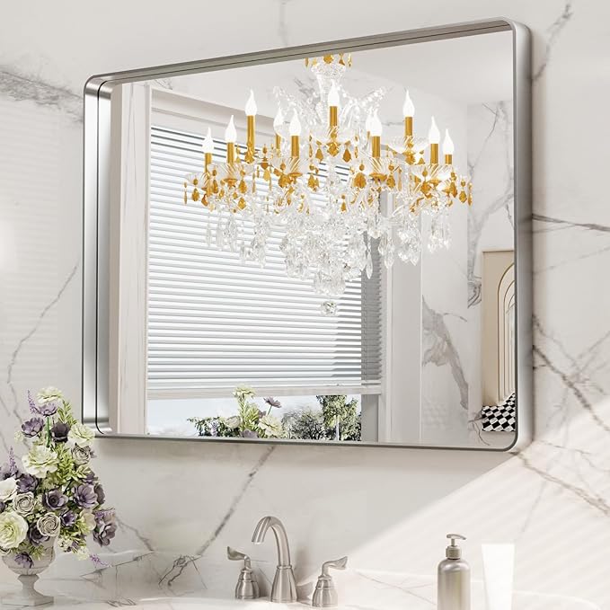 LOAAO 40X24 Inch Brushed Nickel Bathroom Mirror, Rounded Rectangle Silver Metal