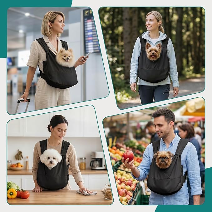 Dog Sling Carrier Front with Thicken Bottom Support for Small Dogs 10-16 lb | Adjustable, Hands Free, Comfortable Wearable, Lightweight, Vet Visits, Anxiety, Travel, Hiking, Safety Clip Black