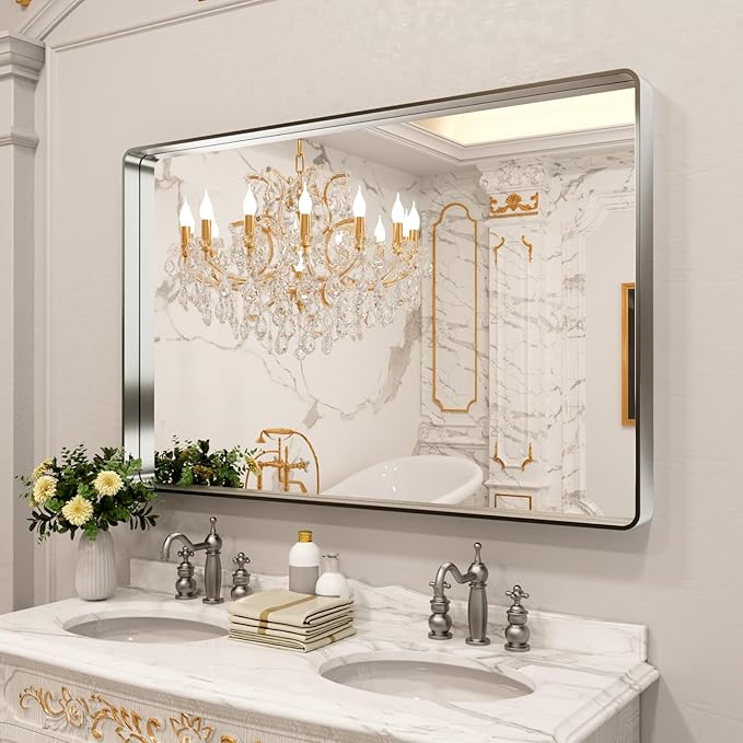 LOAAO 55X36 Inch Brushed Nickel Bathroom Mirror, Rounded Rectangle Silver Metal