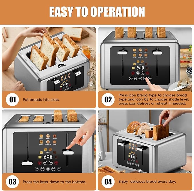 4 Slice Toaster, Touchscreen & Dual Independent Control Panel,5 Basic Functions
