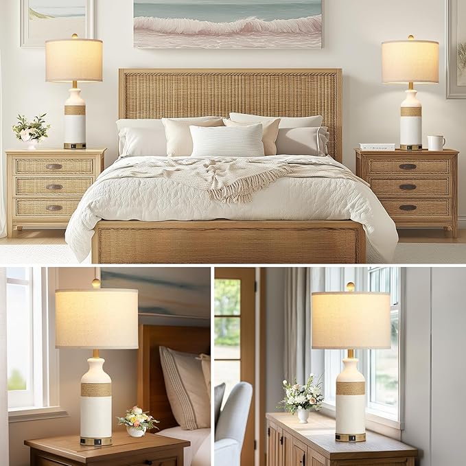 Boho Rattan Table Lamps for Bedroom Nightstand 26" Farmhouse Bedside lamp Set of 2 with USB C+A Ports & AC Outlet,3-Way Dimmable Touch Control Vintage Lamps for Living Room(Include Bulbs)