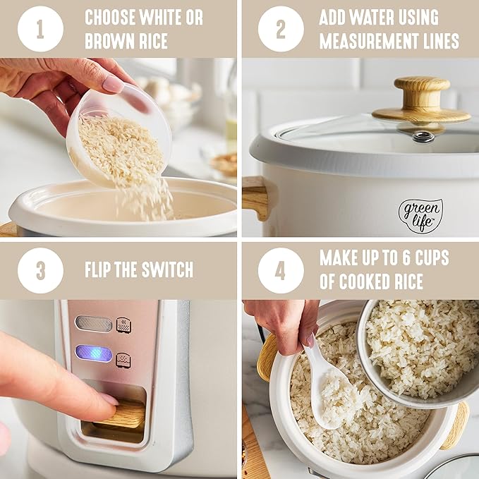 GreenLife Rice Cooker with Removable PFAS-Free Ceramic Nonstick Pot, 3-Cups