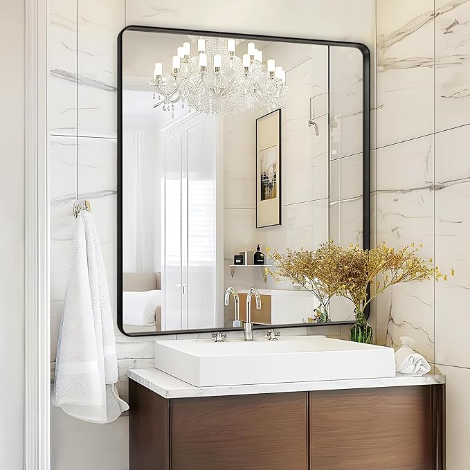 Fabuday Black Bathroom Mirror Wall Mounted- 36x36 Inch Big Framed Mirror