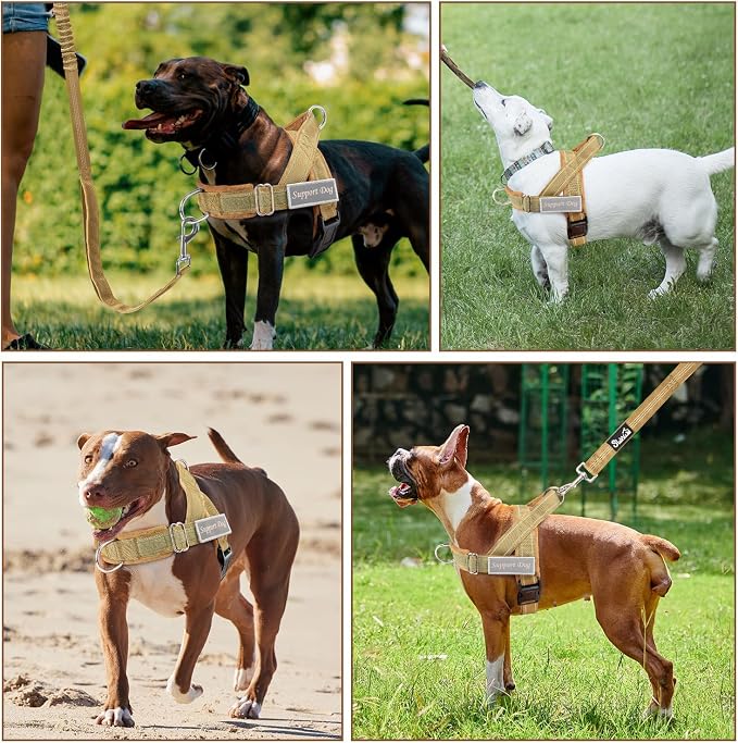 SlowTon No Pull Dog Harness with Front Clip - Heavy Duty, Soft Padded | Neck & Chest Adjustable, Tactical Pet Vest and Leash Set for Large Medium Sized Dogs, for Easy Walk & Training, Tan L