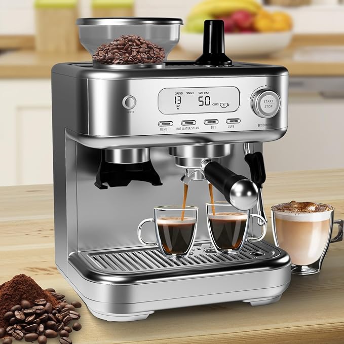 IDEALHOUSE Espresso Maker with Grinder, Milk Frother, 15 Bar Pump, 15 Grind