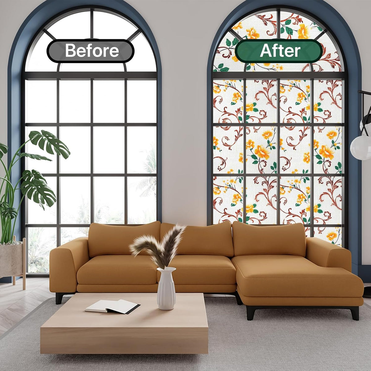 Niviy Stained Glass Window Privacy Film with Installation Tools, 3D Frosted Glass Window Decals UV Protection Sun Blocking Static Clings Non Adhesive Window Stickers for Home 17.5 x 78.7 inch