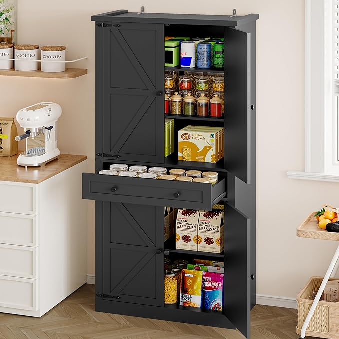 Pantry Organizers and Storage Cabinet, 70” Barn Door White Kitchen Cabinet