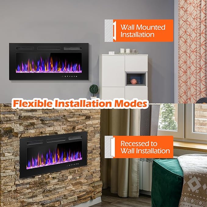 36" Electric Fireplace Wall Mounted and Recessed