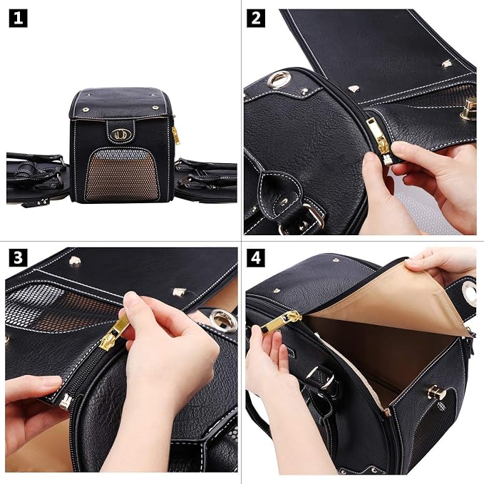 Dog Carrier Purse, Pet Carrier, Foldable Waterproof Premium PU Leather Pet Travel Portable Bag Carrier for Cat and Small Dog Home & Outdoor Small Black