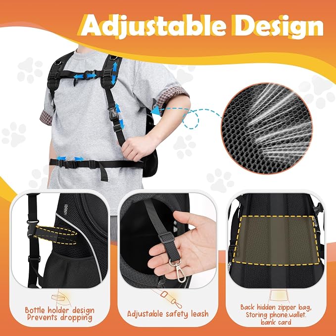 WOYYHO Pet Dog Carrier Backpack with Windows, Ventilated Small Dog Backpack | Breathable Top & Side Windows, Safety Belt, Storage Pockets, Small Dog Front Backpack, for Travel Hiking Outdoor, Black2.0, L