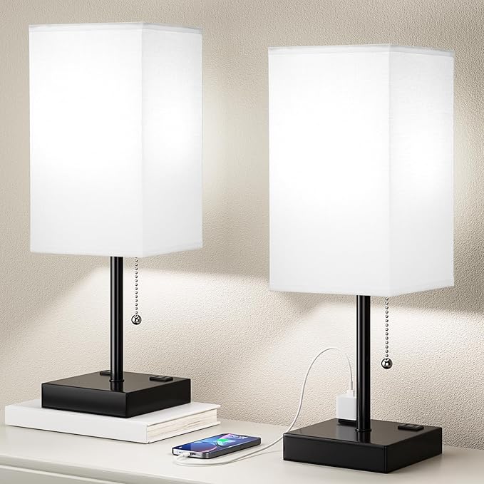Plus Bedside Table Lamps Set of 2 - White Bedroom Lamps with 3 Colors, Square Nightstand Lamp with USB C + A Charging Ports and 2 AC Outlets, Pull Chain Night Light for End Table